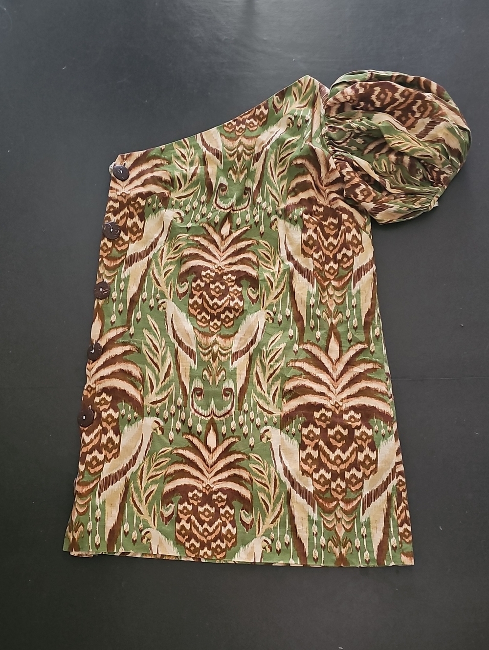 FARM Rio Green and Brown Printed One-Shoulder Dress Sz medium